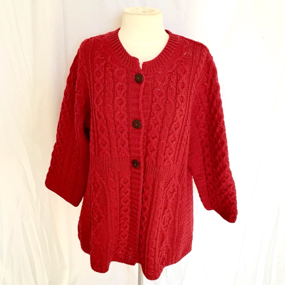 Authentic Irish Aran merino wool fisherman’s A-line cardigan sweater -L-
